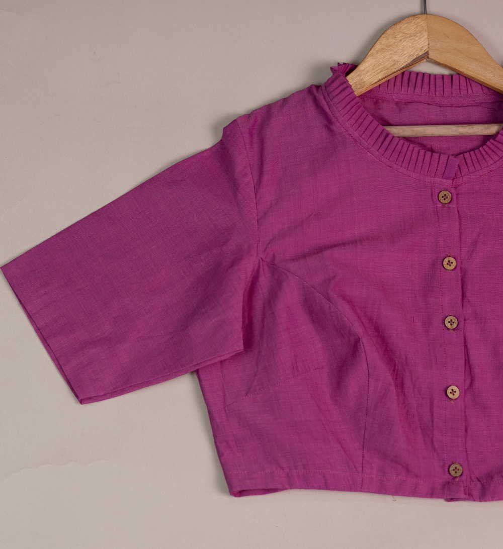 Fuchsia Pink Ruffle Neck Mangalagiri Stitched Blouse - 32,34,36,38,40,42