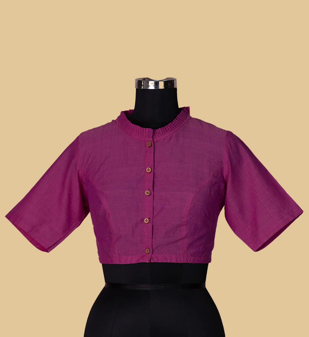 Fuchsia Pink Ruffle Neck Mangalagiri Stitched Blouse - 32,34,36,38,40,42 - Image 3