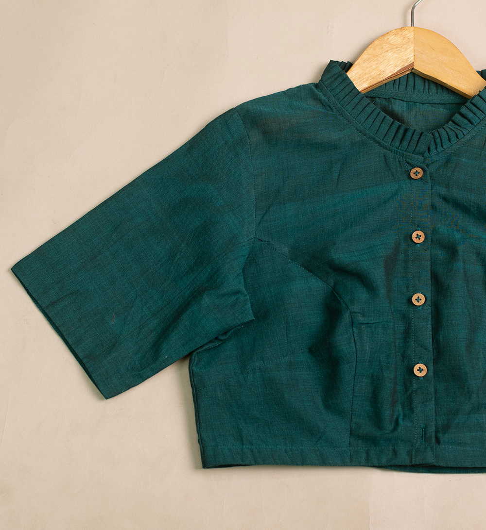 Dark Aqua Green Ruffle Neck Stitched Blouse - 32,34,36,38,40,42