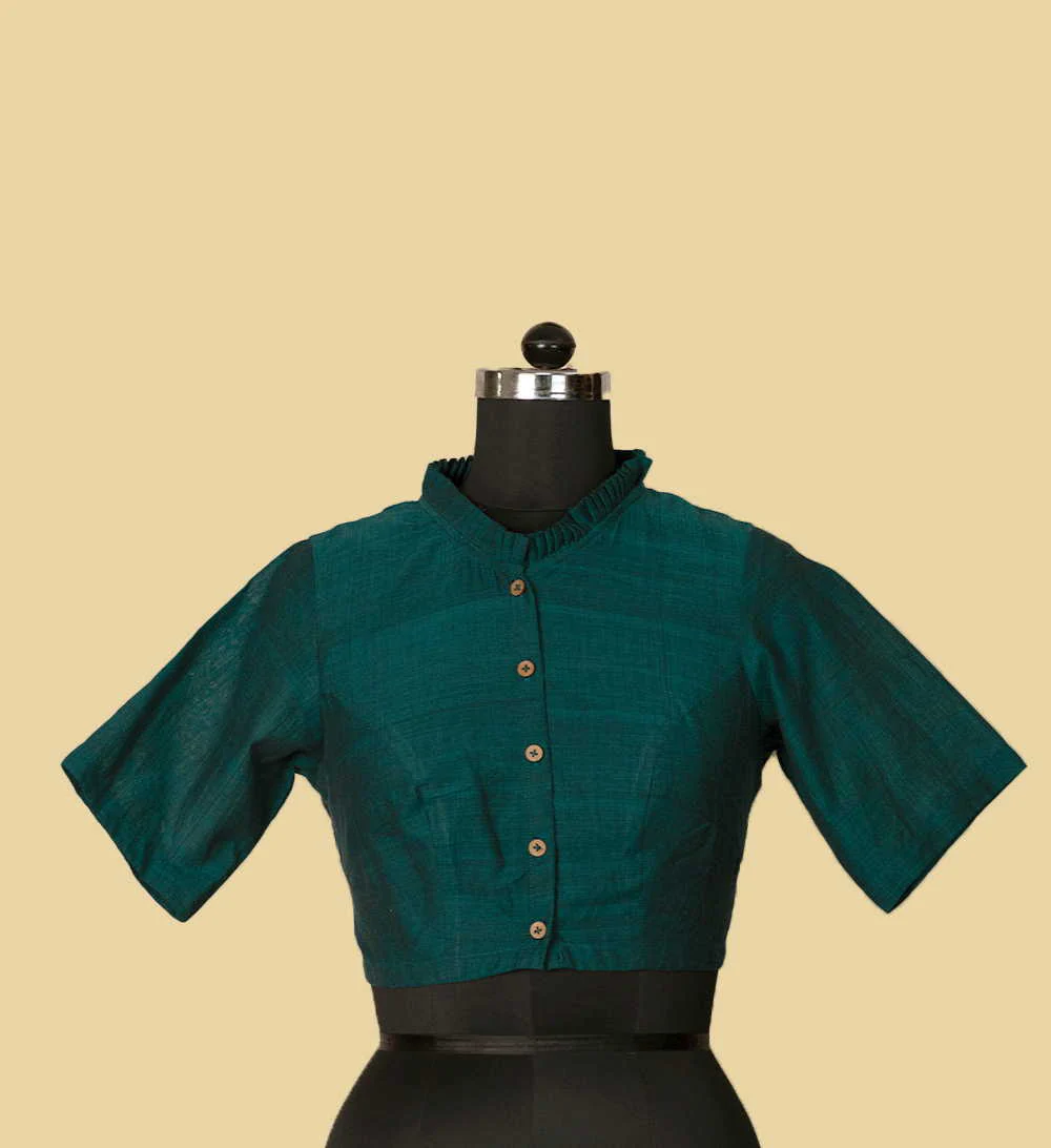 Dark Aqua Green Ruffle Neck Stitched Blouse - 32,34,36,38,40,42 - Image 3