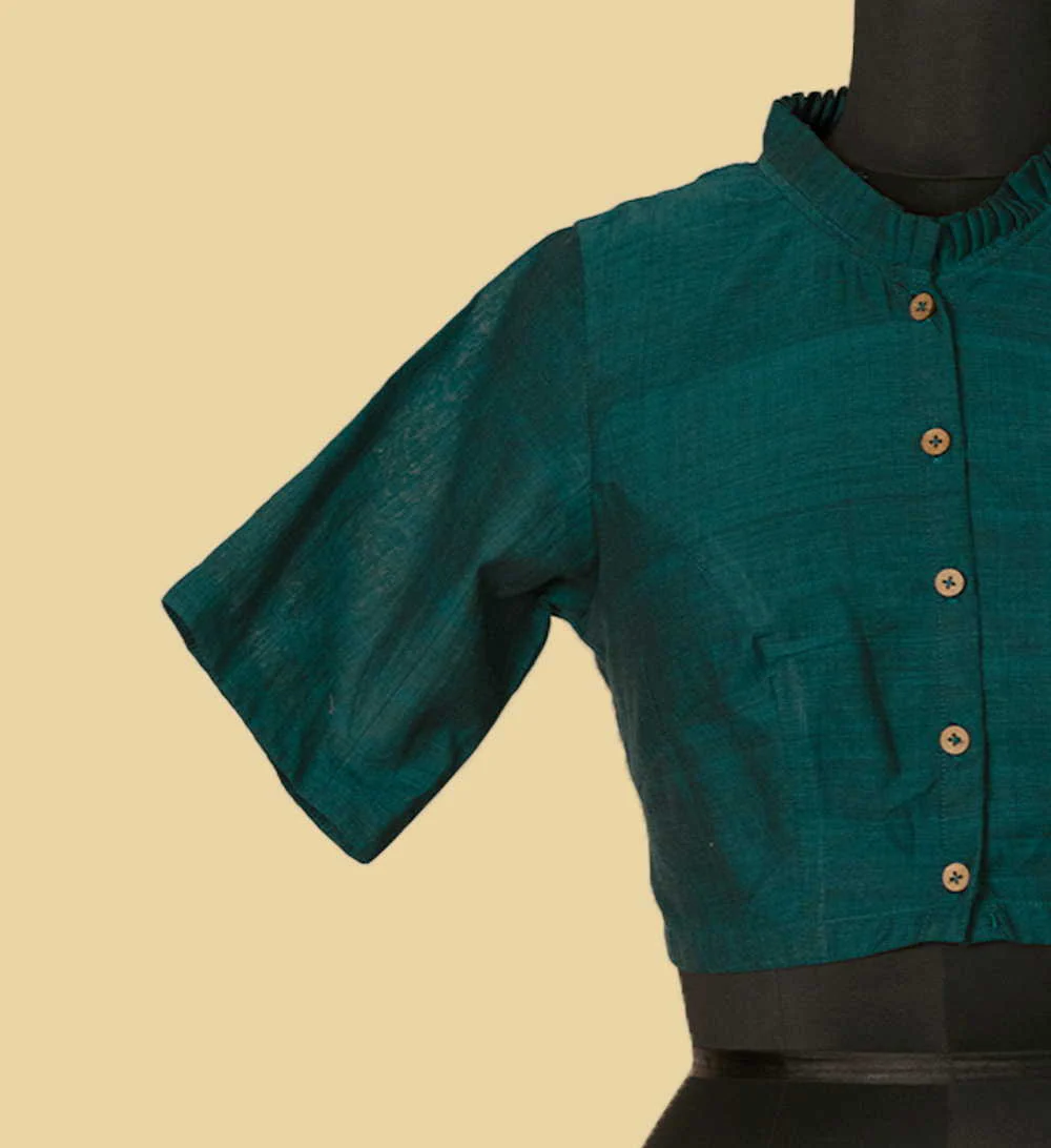 Dark Aqua Green Ruffle Neck Stitched Blouse - 32,34,36,38,40,42 - Image 4