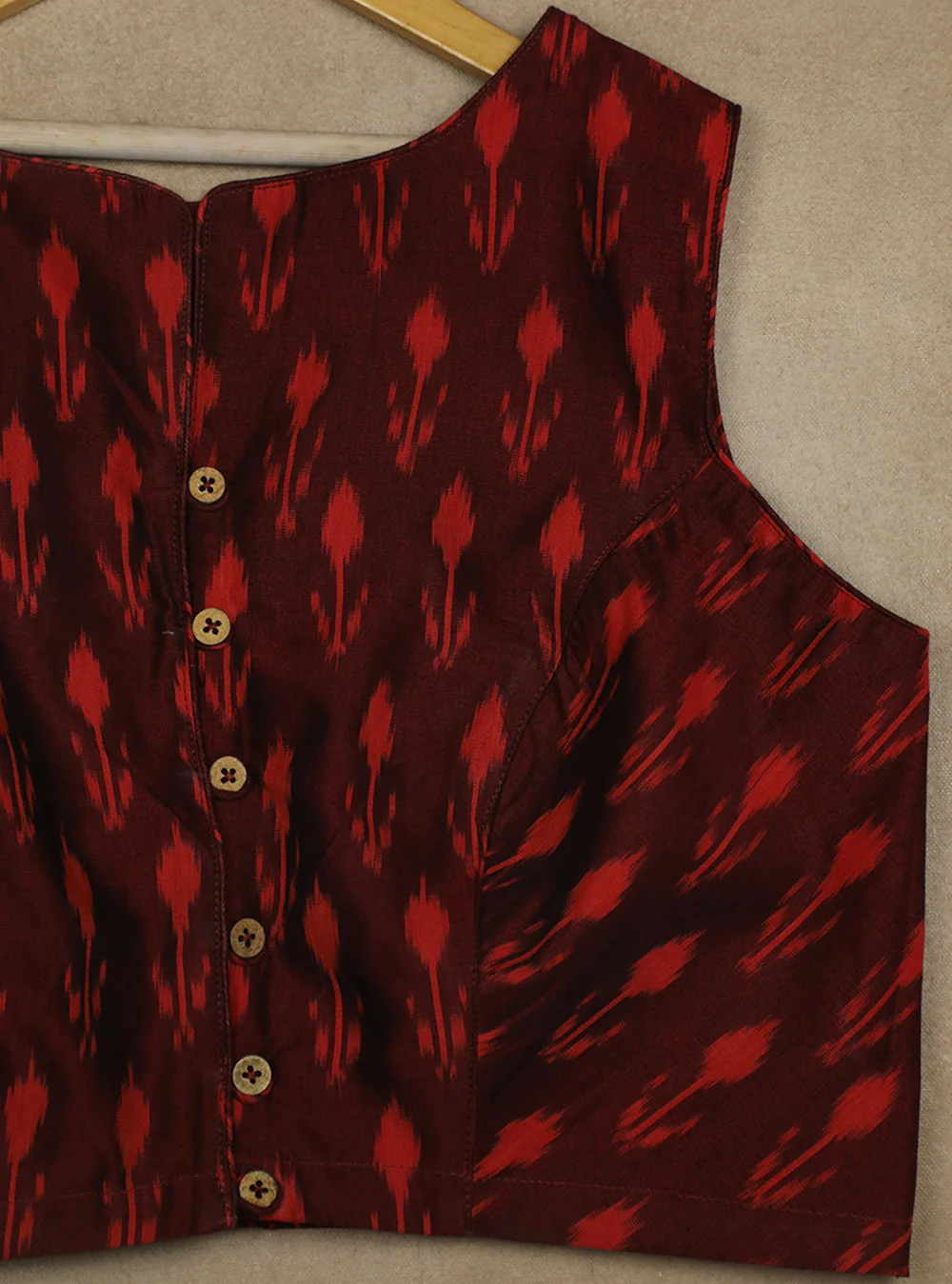 Dark Maroon Ikat Sleveless Stitched Blouse - 32,34,36,38,40,42,44,46