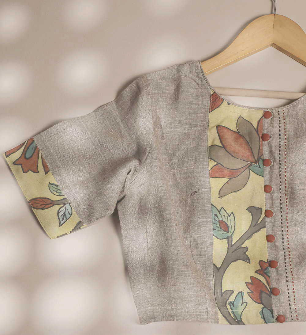 Brown-Grey Handspun Kalamkari Boondi Button Stitched Blouse - 32,34,36,38,40,42