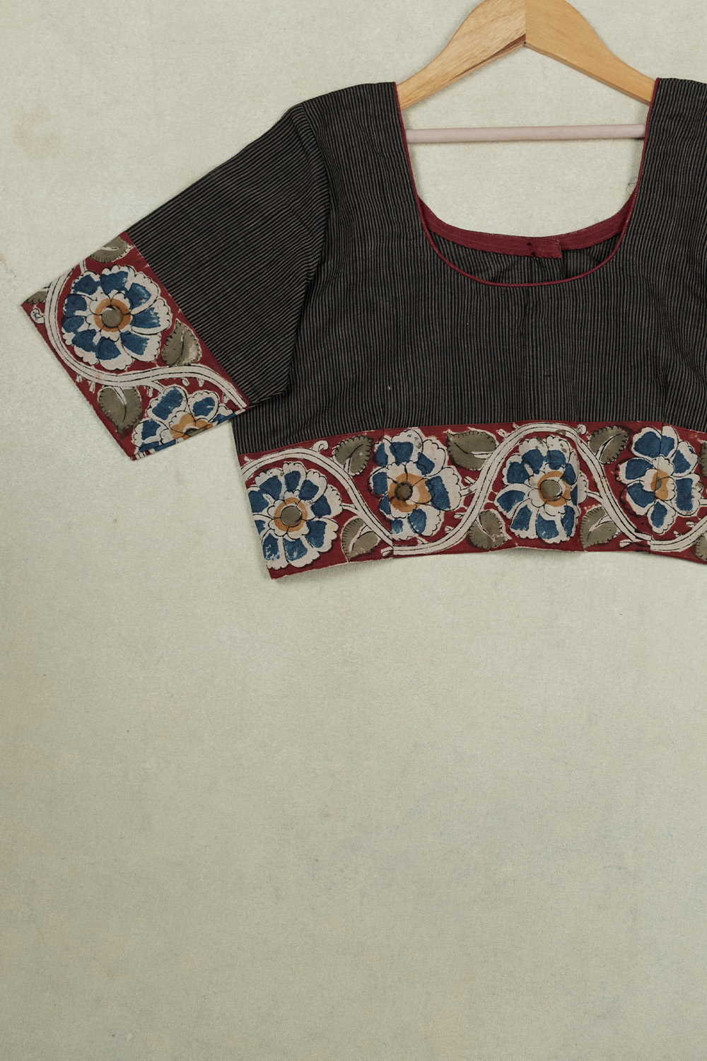 Striped Black Mangalagiri Patchwork Stitched Blouse - 34,36,38,40,42 - Image 3