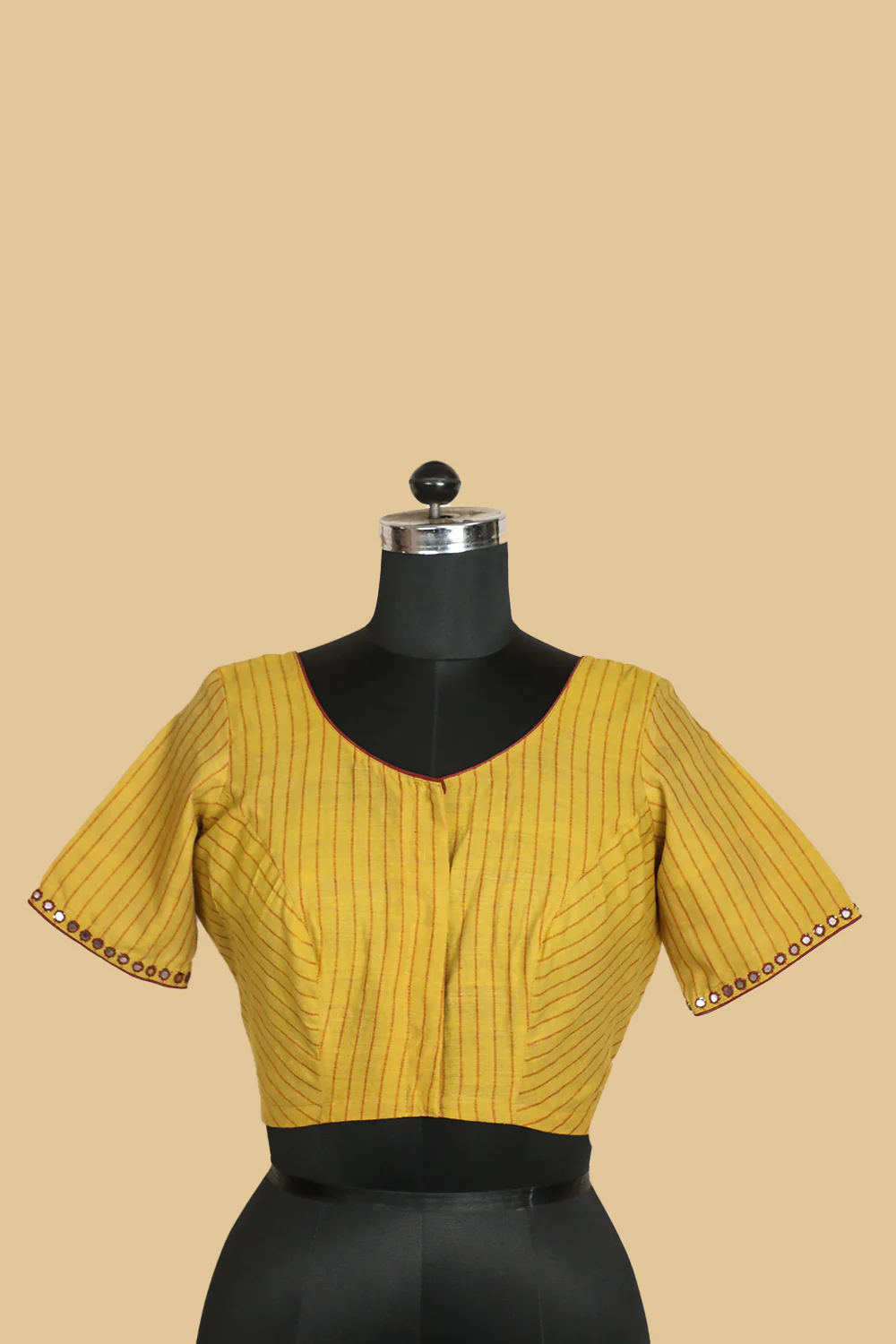 Stripes on Mustard Yellow Handspun Mirror Work Stitched Blouse - 36,38,40,42 - Image 3