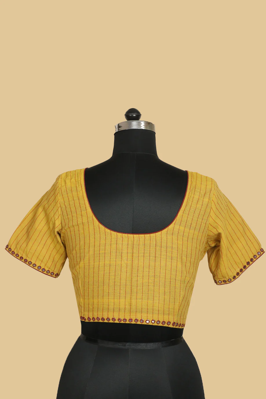 Stripes on Mustard Yellow Handspun Mirror Work Stitched Blouse - 36,38,40,42 - Image 4