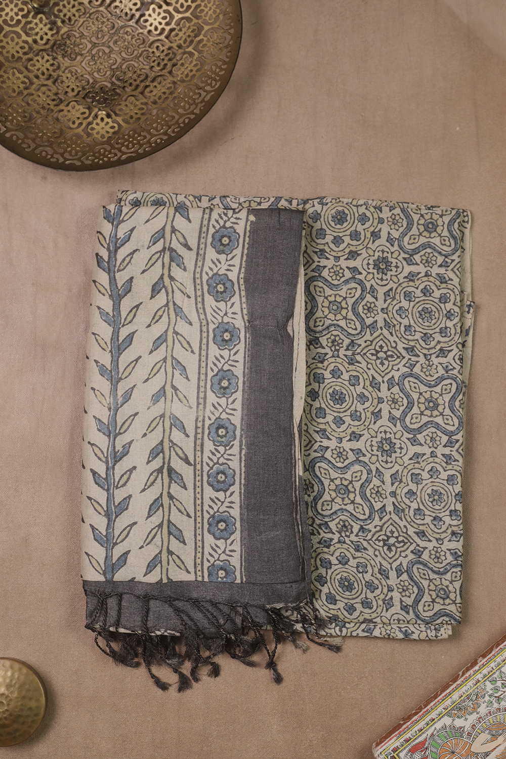 Intricate Design - Cream Ajrak Tussar Top & Dupatta
