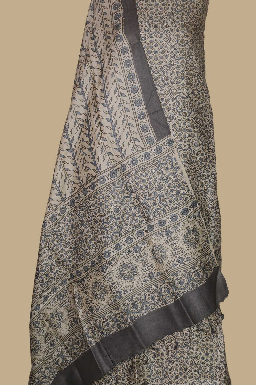 Intricate Design - Cream Ajrak Tussar Top & Dupatta - Image 2
