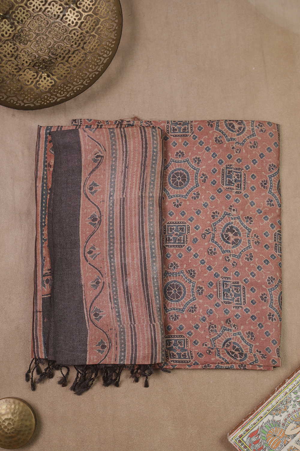 Faded Maroon Ajrak Tussar Top & Dupatta