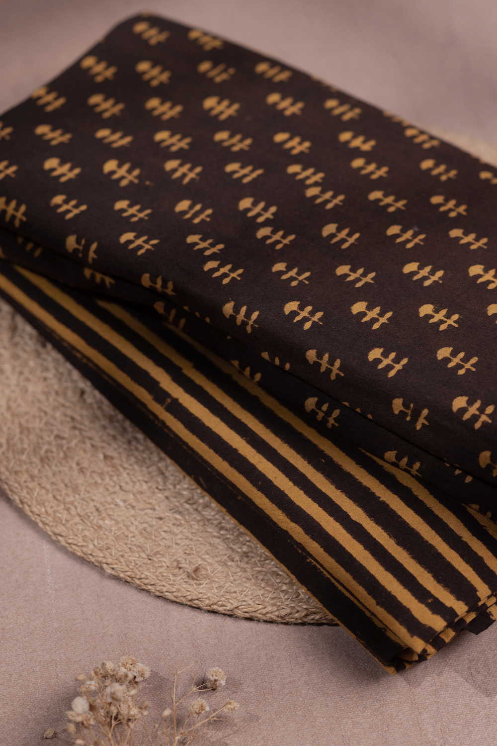Yellow Motifs Block Printed Cotton Top with Bottom