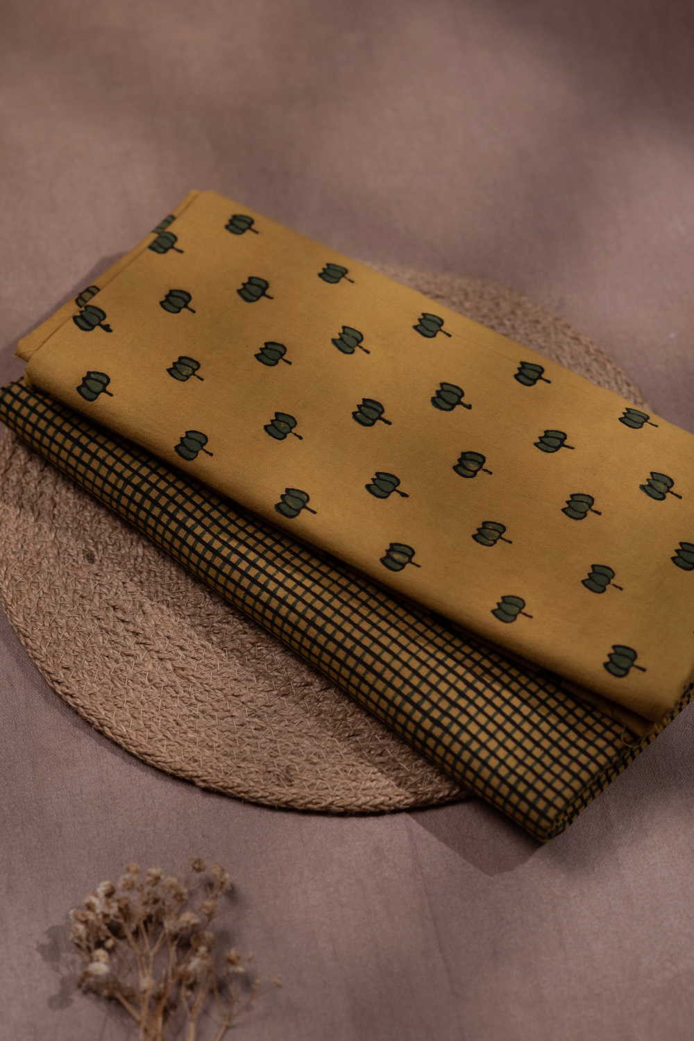 Yellow with Lotus Ajrak Cotton Top and Bottom