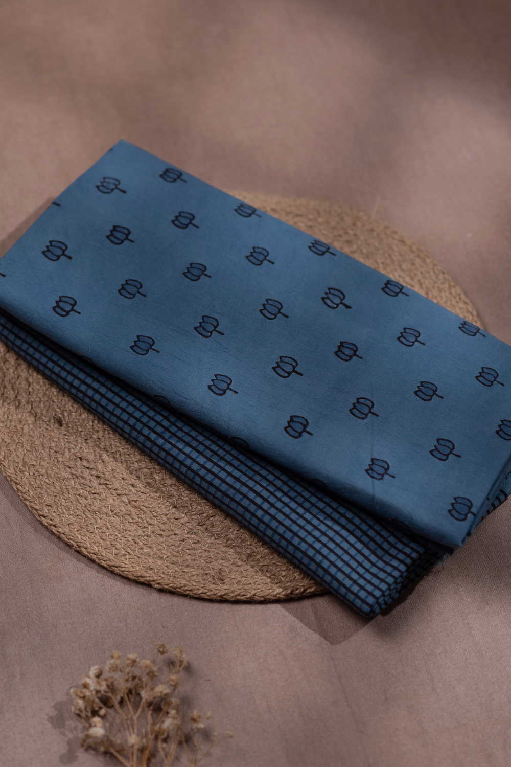 Blue with Lotus Butta Ajrak Cotton Top and Bottom