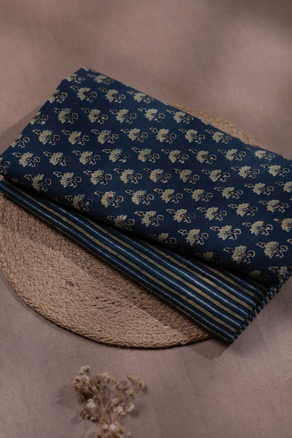 Green Motifs on Indigo Ajrak Cotton Top and Bottom