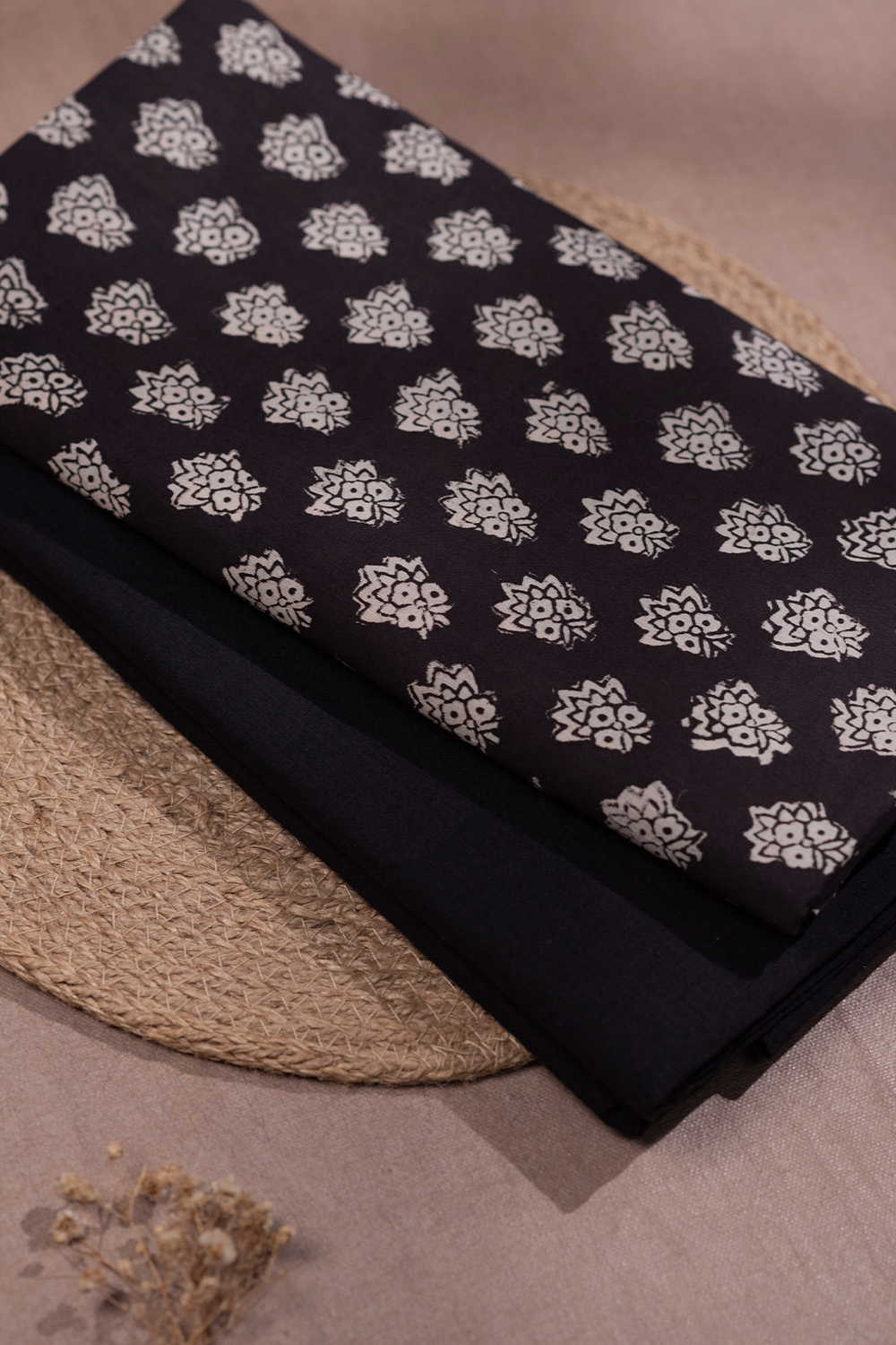 Motifs on Black Bagru Top and Mangalagiri Bottom