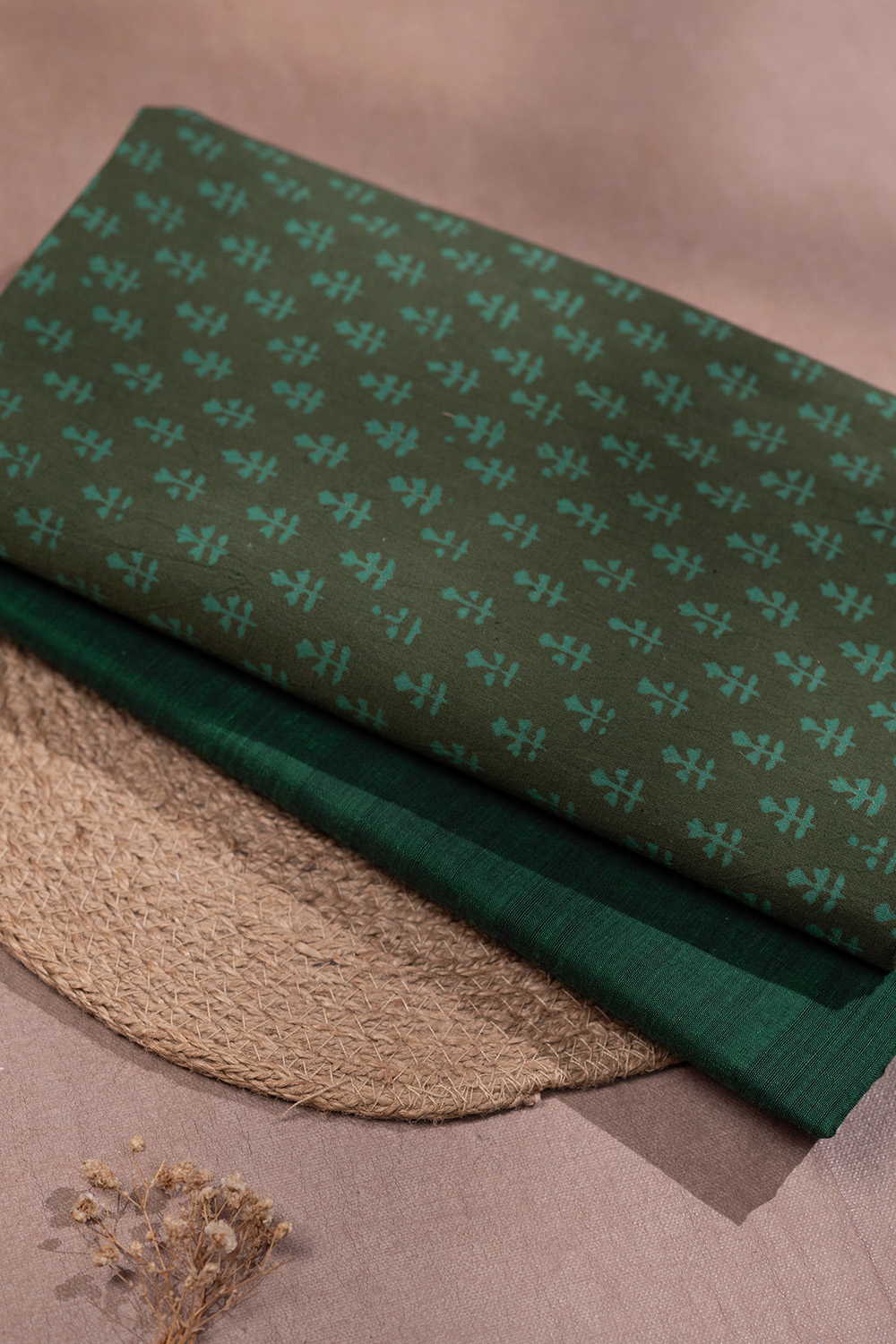 Muted Green Block Printed Cotton Top and Bottom