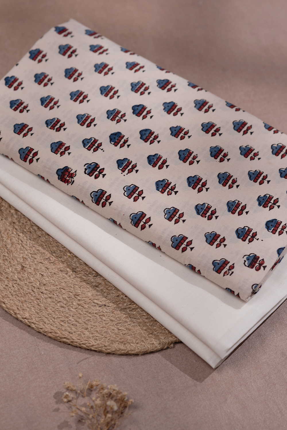 Little Motifs on Cream Ajrak Top and Mangalagiri Bottom