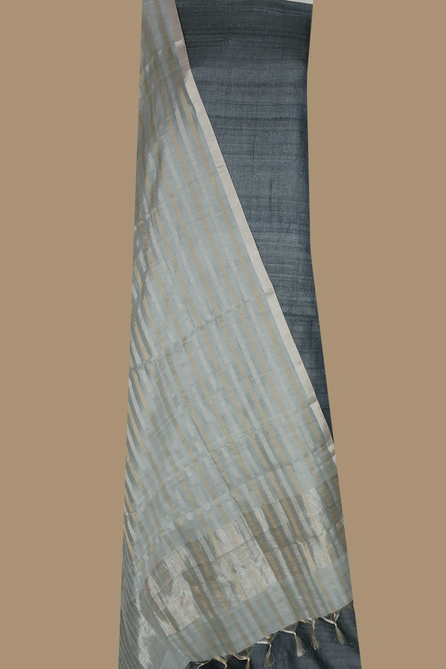 Dark Ash Grey Handspun Tussar Silk Top & Chanderi Dupatta