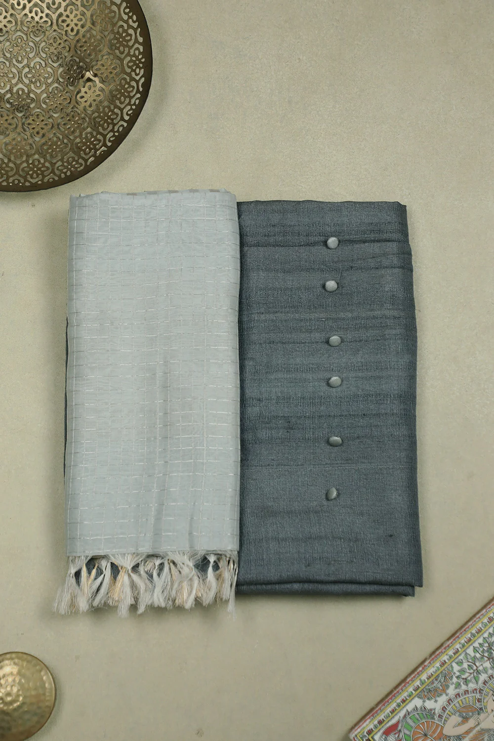 Dark Ash Grey Handspun Tussar Silk Top & Chanderi Dupatta - Image 2
