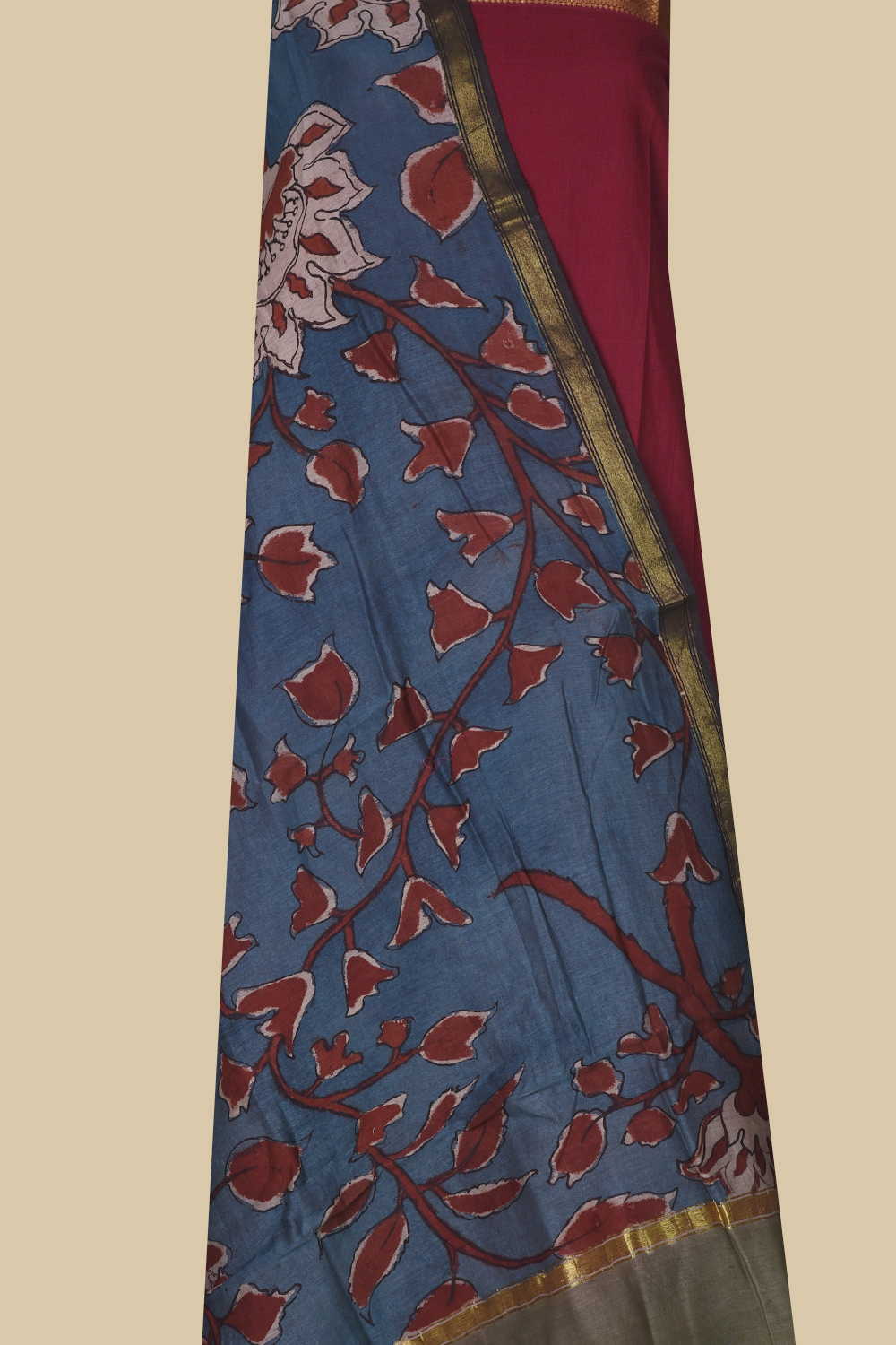 Zari Border Mangalagiri Cotton Top & Painted kalamkari Dupatta
