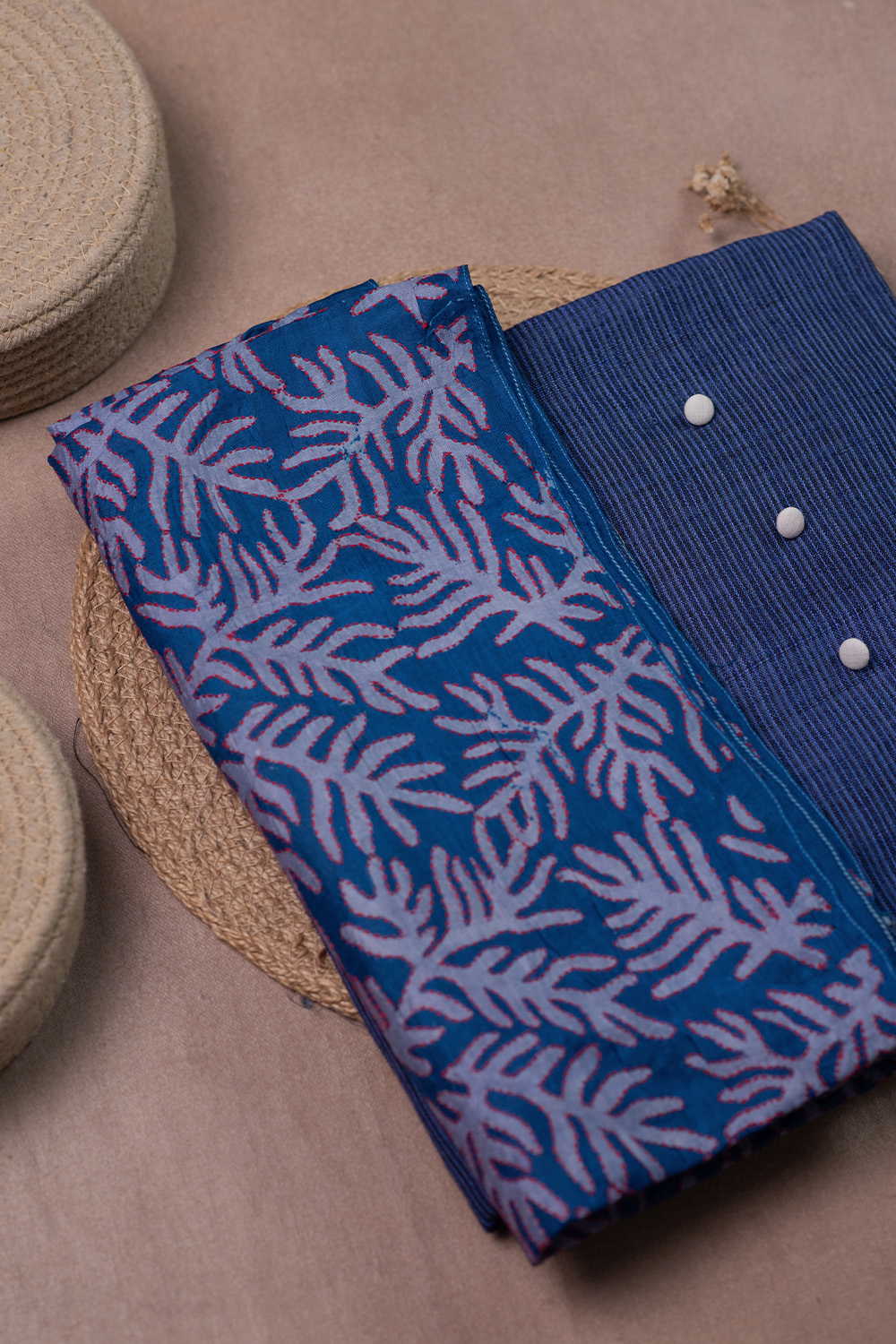 Blue Handwoven Tussar Top & Kantha Silk Dupatta