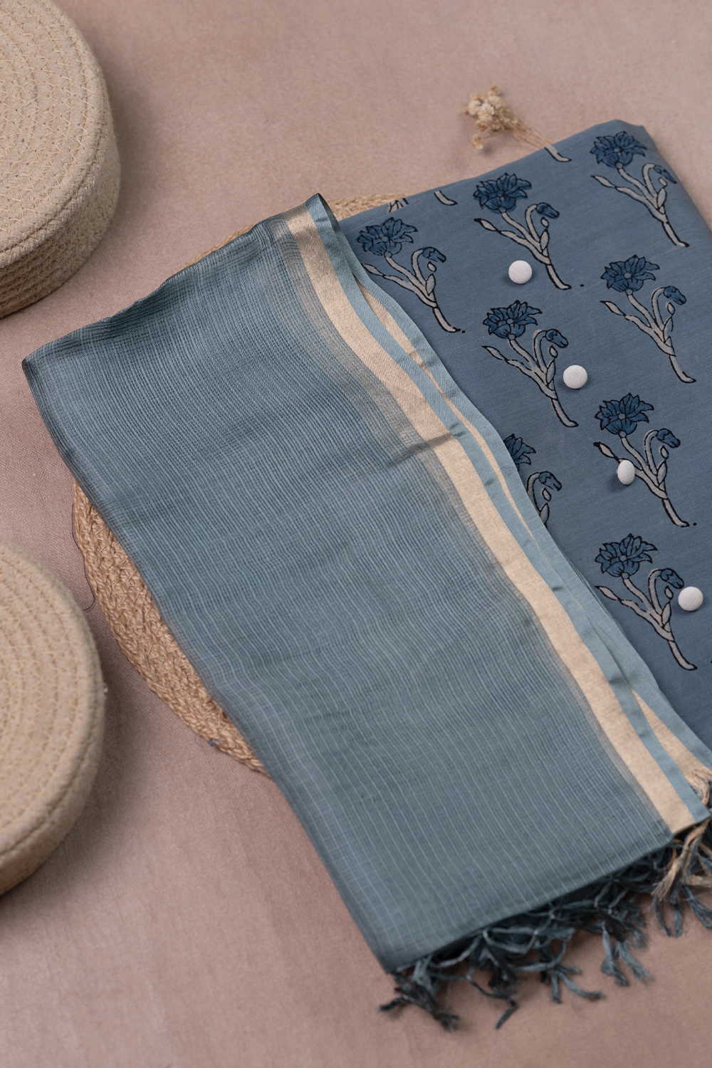 Florals on Ajrak Chanderi Top & Kota Silk Dupatta