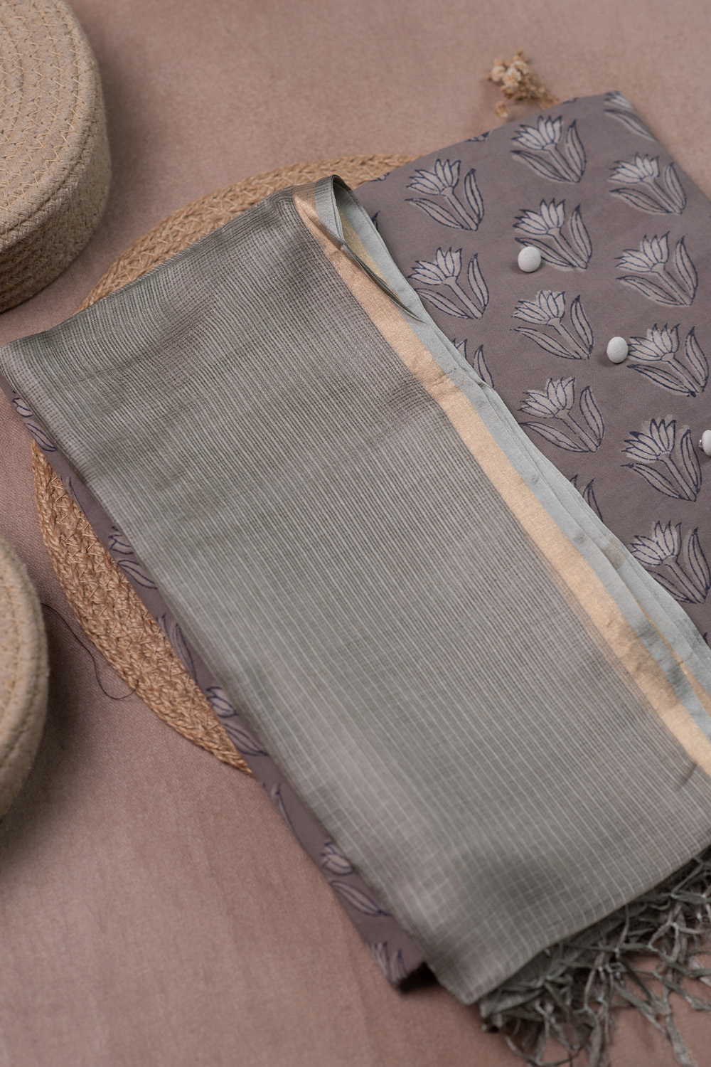 Florals on Grey Dabu Top & Kota Silk Dupatta