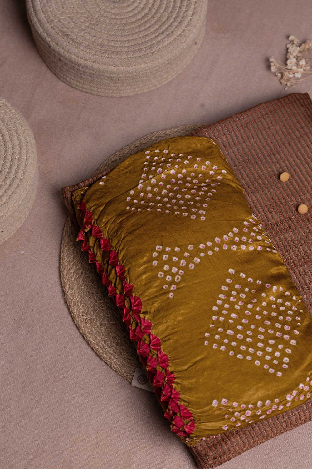 Orange Stripe Handwoven Tussar Top & Bandhani Dupatta