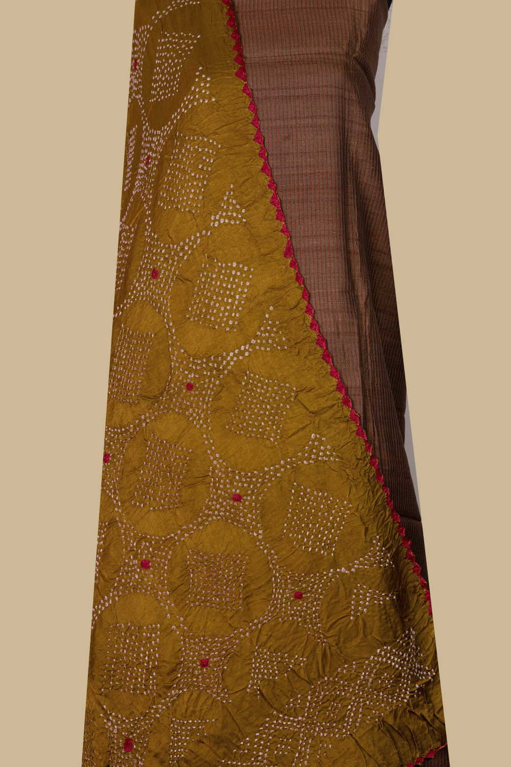 Orange Stripe Handwoven Tussar Top & Bandhani Dupatta - Image 2